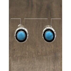 Native American Sterling Silver Navajo Stamped Shadowbox Post Turquoise Earrings